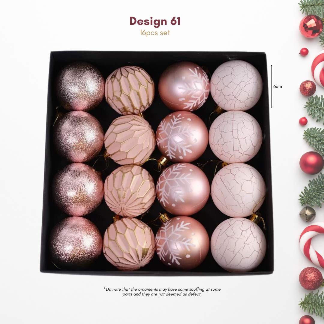 16pcs Set Pastel Pink Christmas Hanging Baubles Ornament (D61)