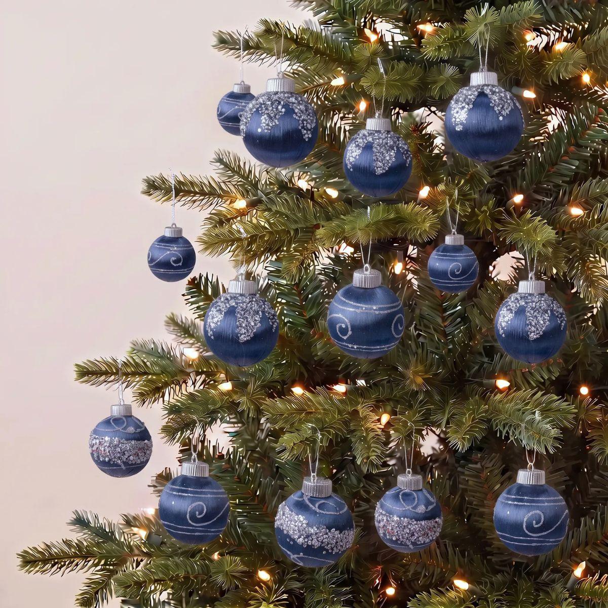Blue Satin Pearl Accents 8cm 18pcs Christmas Baubles for Christmas Tree in Singapore