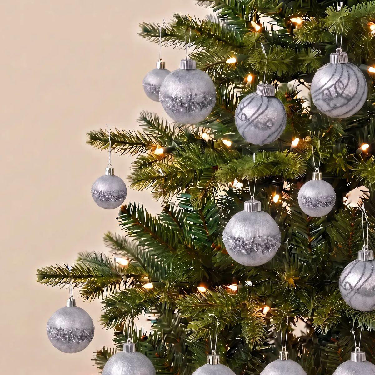 Silver Satin Pearl Accents 8cm 18pcs Christmas Baubles for Christmas Tree in Singapore