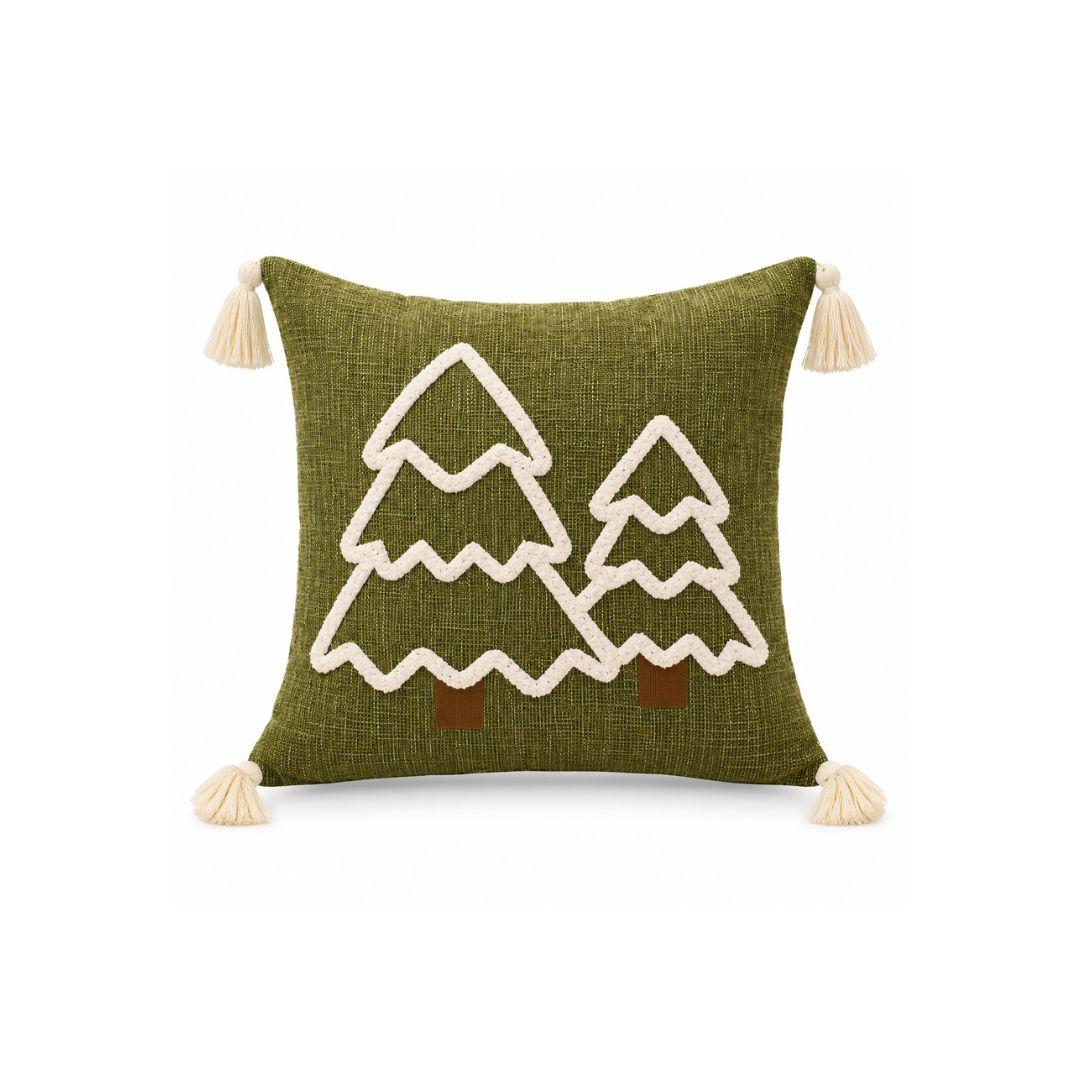 Olive green Alpine Christmas cushion cover with cream Christmas tree embroidery and tassel corners.