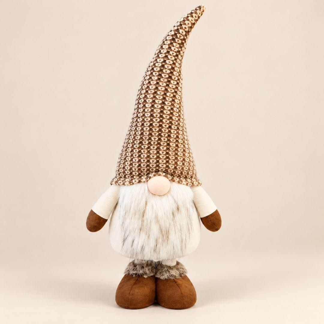 Arlo Nordic knit standing Christmas gnome at original 65cm height with brown patterned hat, white beard and brown boots on cream background