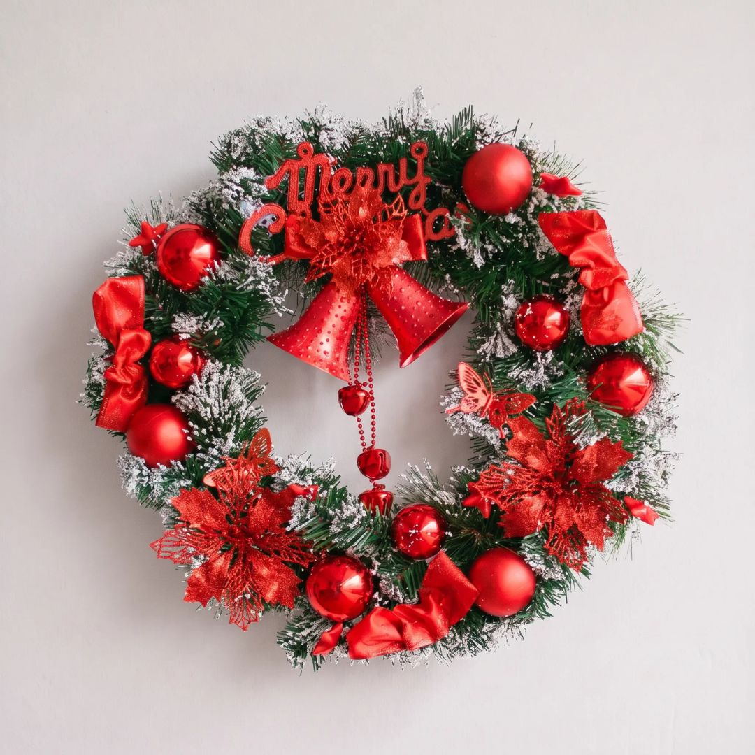 Bellery Design J - Premium 50cm Artificial Christmas Wreath with Red Baubles, White Snow tips, Jingle Bell Centerpiece for Singapore Homes - Speckled Space
