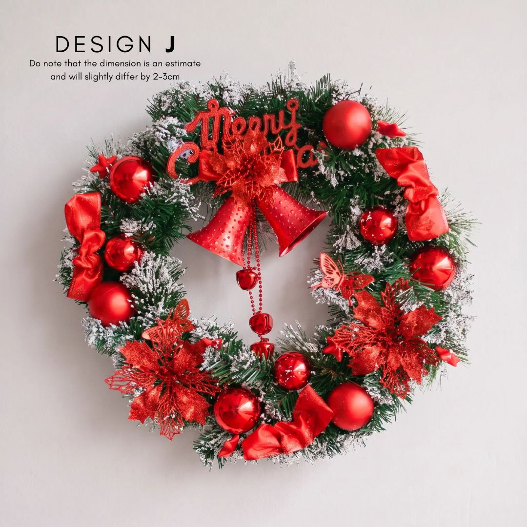 Bellery Design J - Premium 50cm Artificial Christmas Wreath with Red Baubles, White Snow tips, Jingle Bell Centerpiece for Singapore Homes - Speckled Space