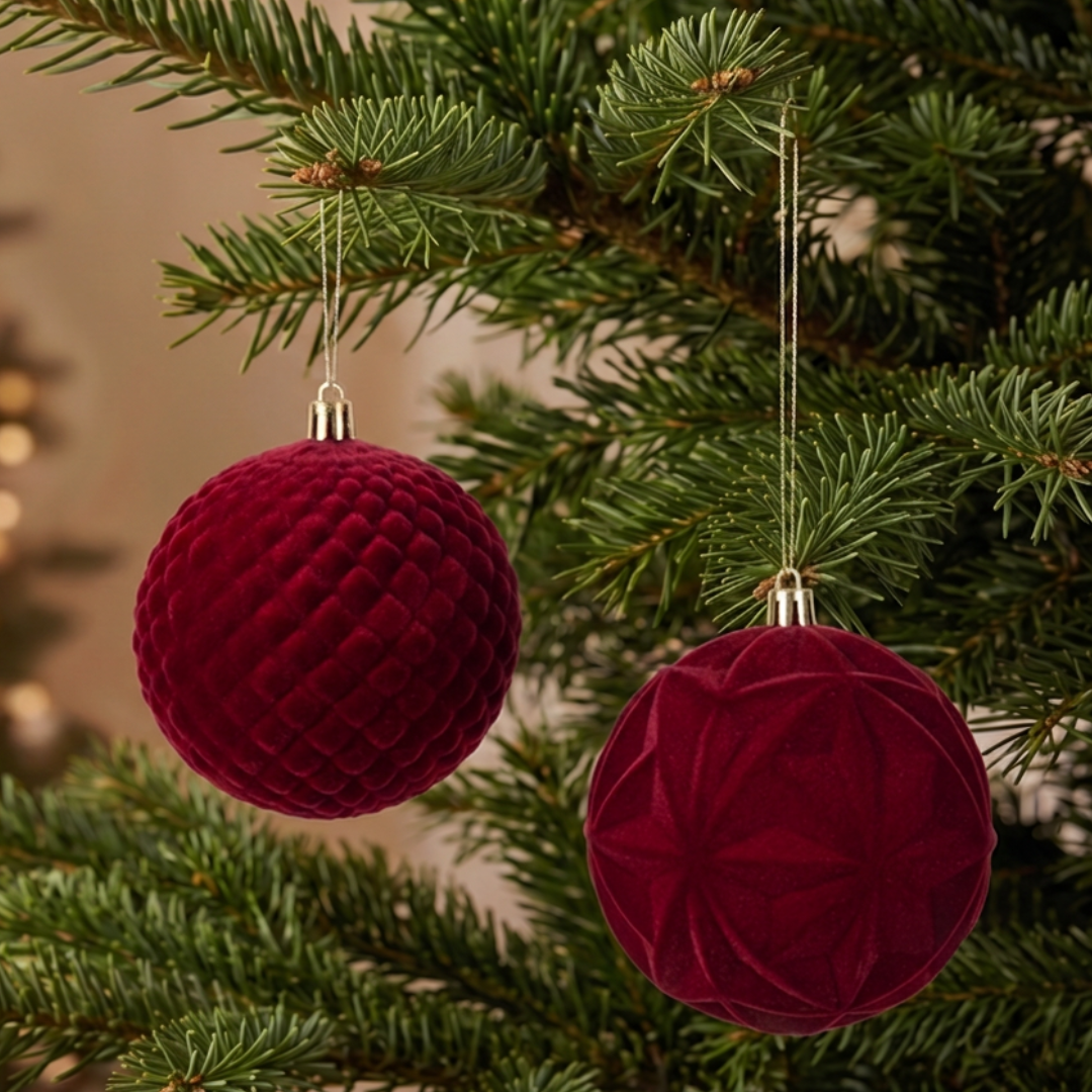10cm Burgundy Velvet Christmas Hanging Baubles styled on pine branches for Christmas Tree Singapore - Speckled Space