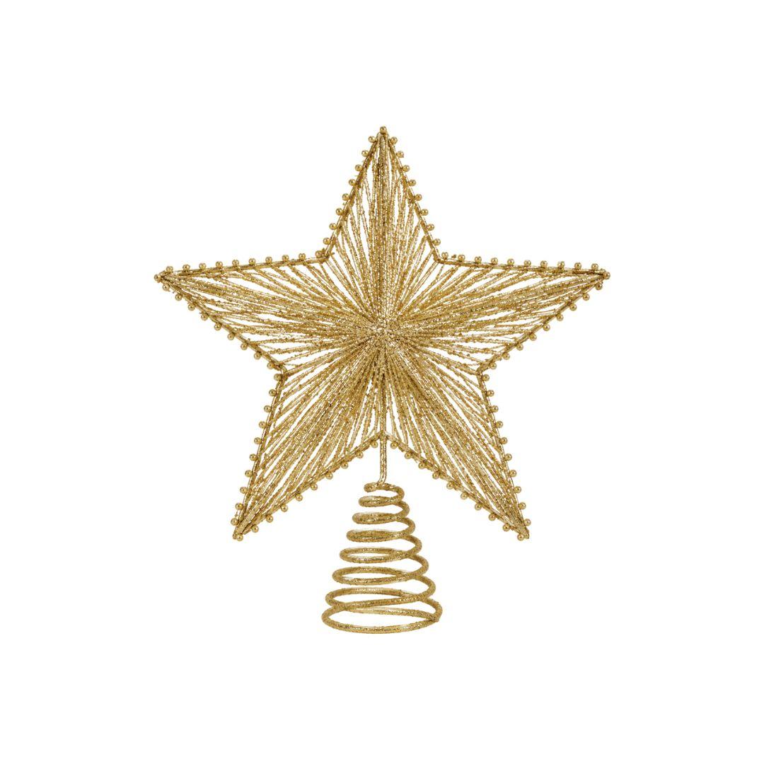 Champagne gold glitter star topper on an artificial Christmas tree with warm white festive lights