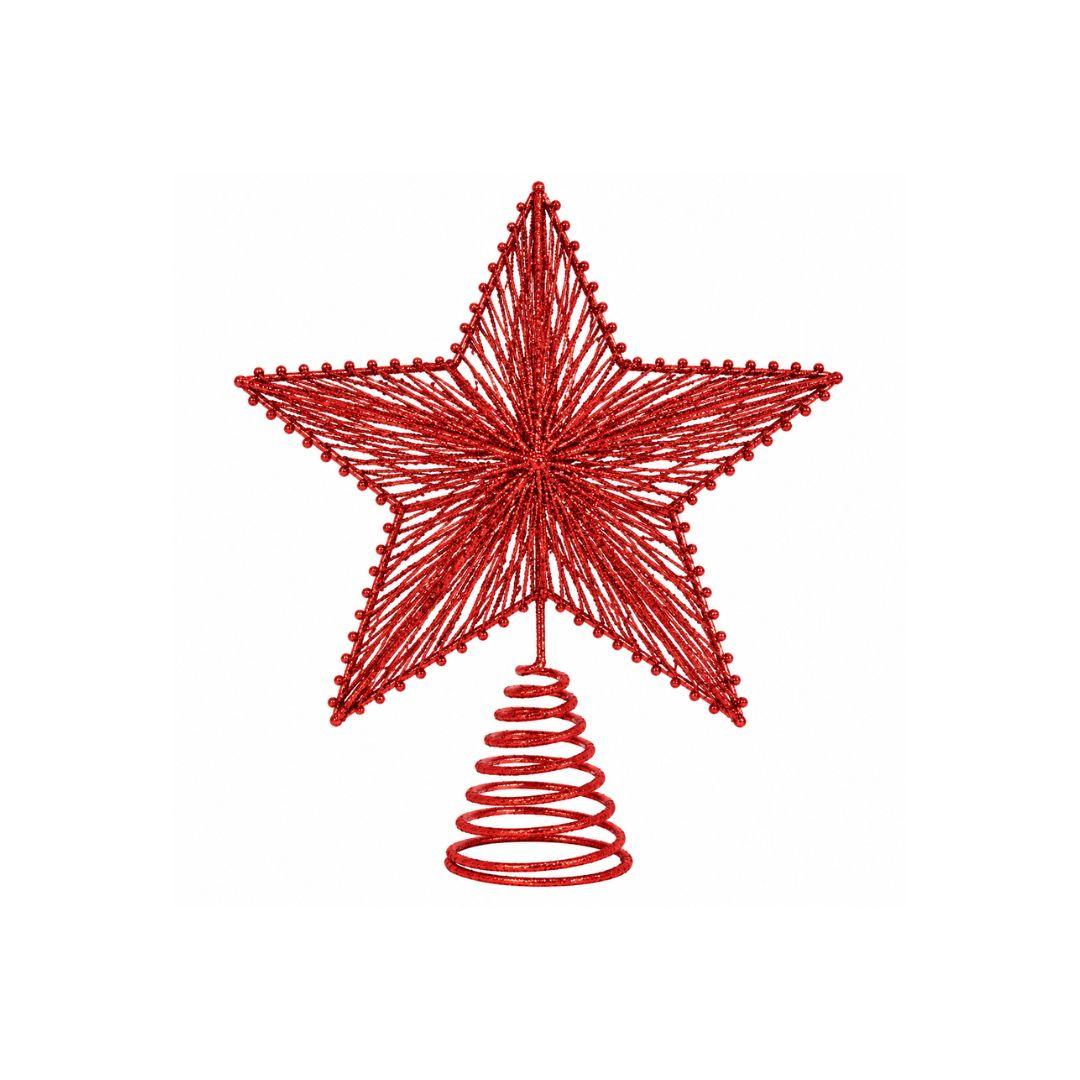 Red glitter star tree topper on a green artificial Christmas tree decorated with warm white lights
