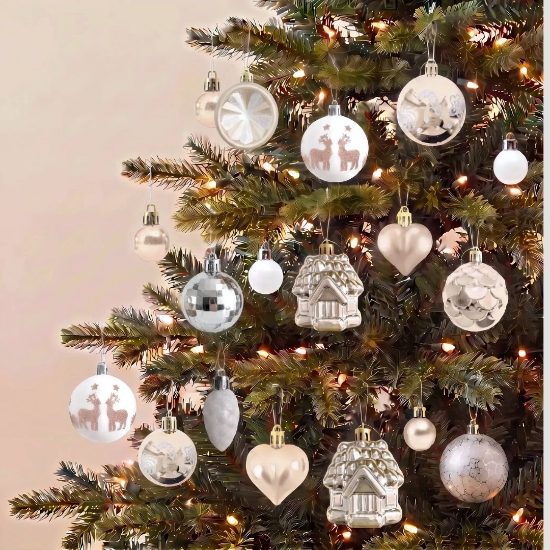 Champagne Gold White Christmas Baubles shatterproof ornament set styled on Christmas Tree - Singapore homes - Speckled Space