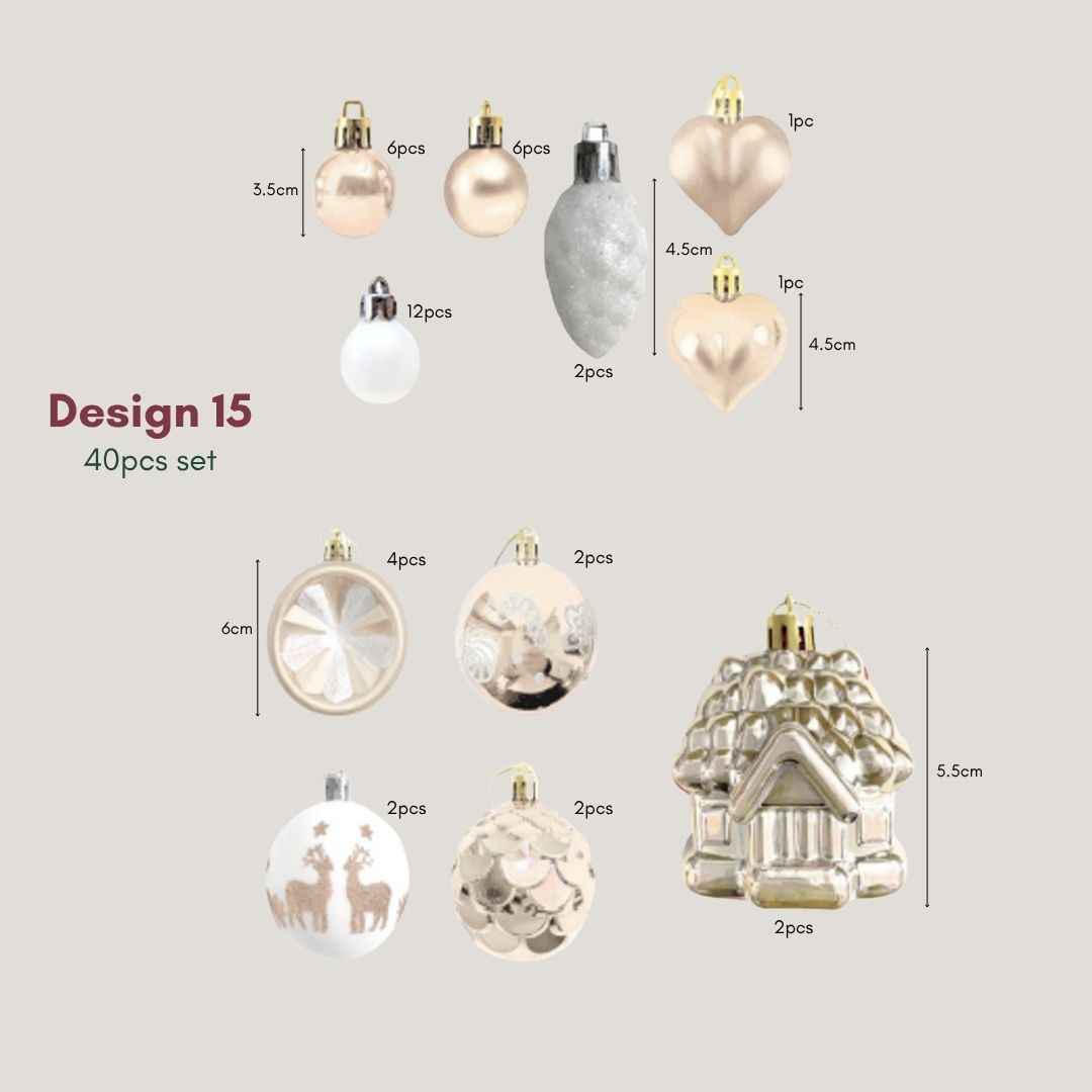 Champagne Gold White Christmas Baubles shatterproof ornament set styled on an evergreen tree - Singapore homes - Speckled Space