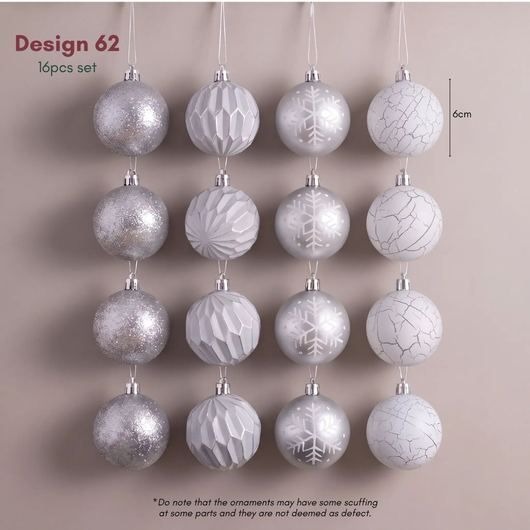 White Silver Christmas Hanging Baubles Ornament - 16pcs (D62)