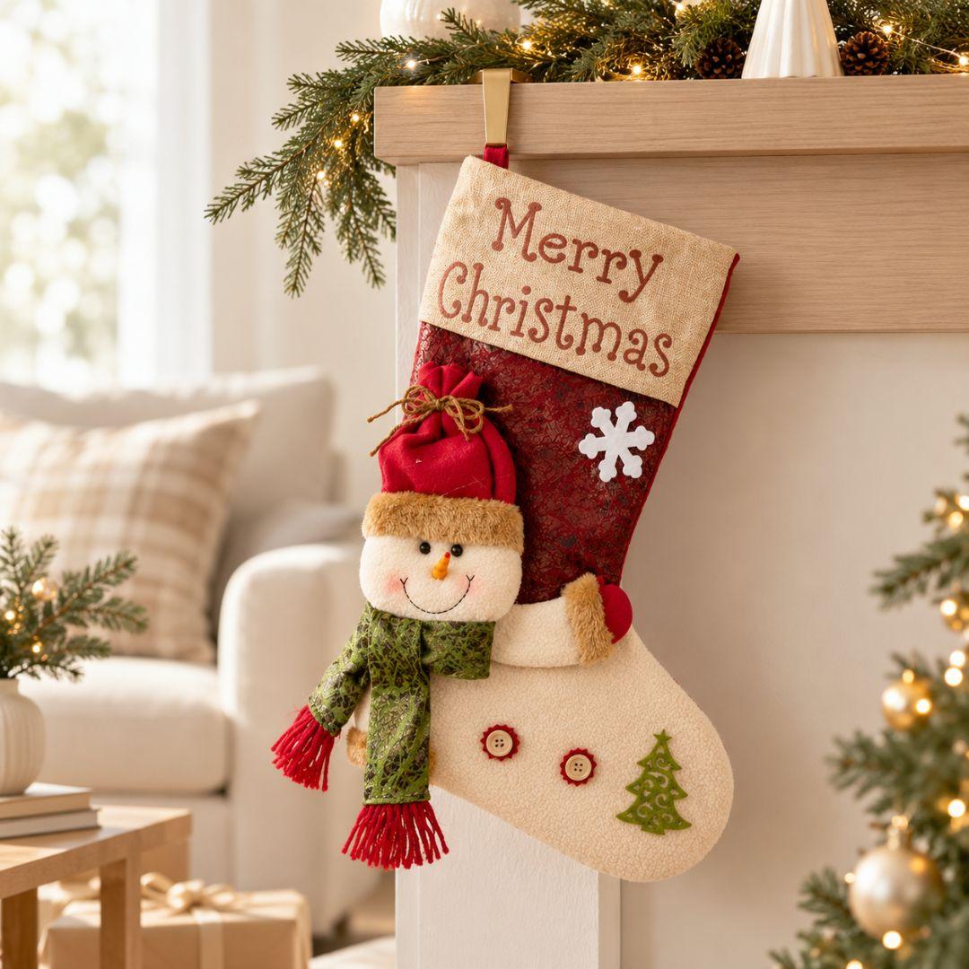 Cream and red Christmas hanging stocking with plush snowman, green scarf, Merry Christmas lettering and decorative snowflake.