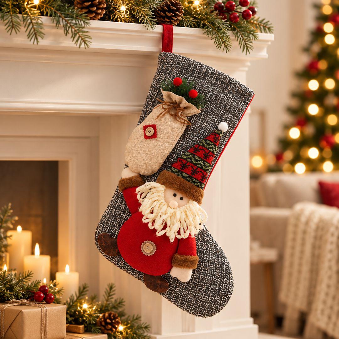 Grey knitted Christmas hanging stocking featuring plush Santa Claus with patterned hat, white beard and decorative Christmas gift sack.