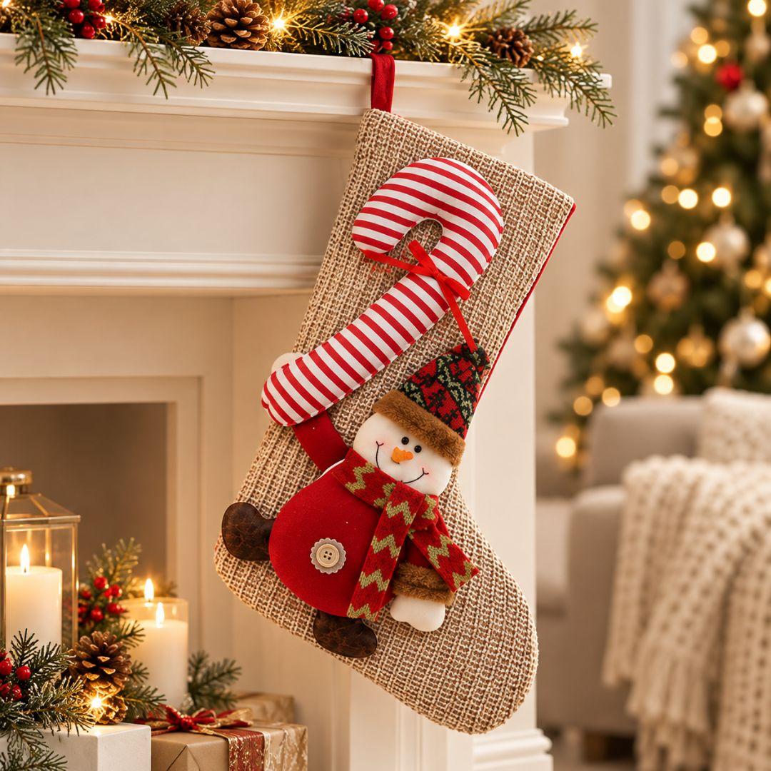 Beige knitted Christmas hanging stocking featuring plush snowman with patterned hat, festive scarf and oversized red and white candy cane.