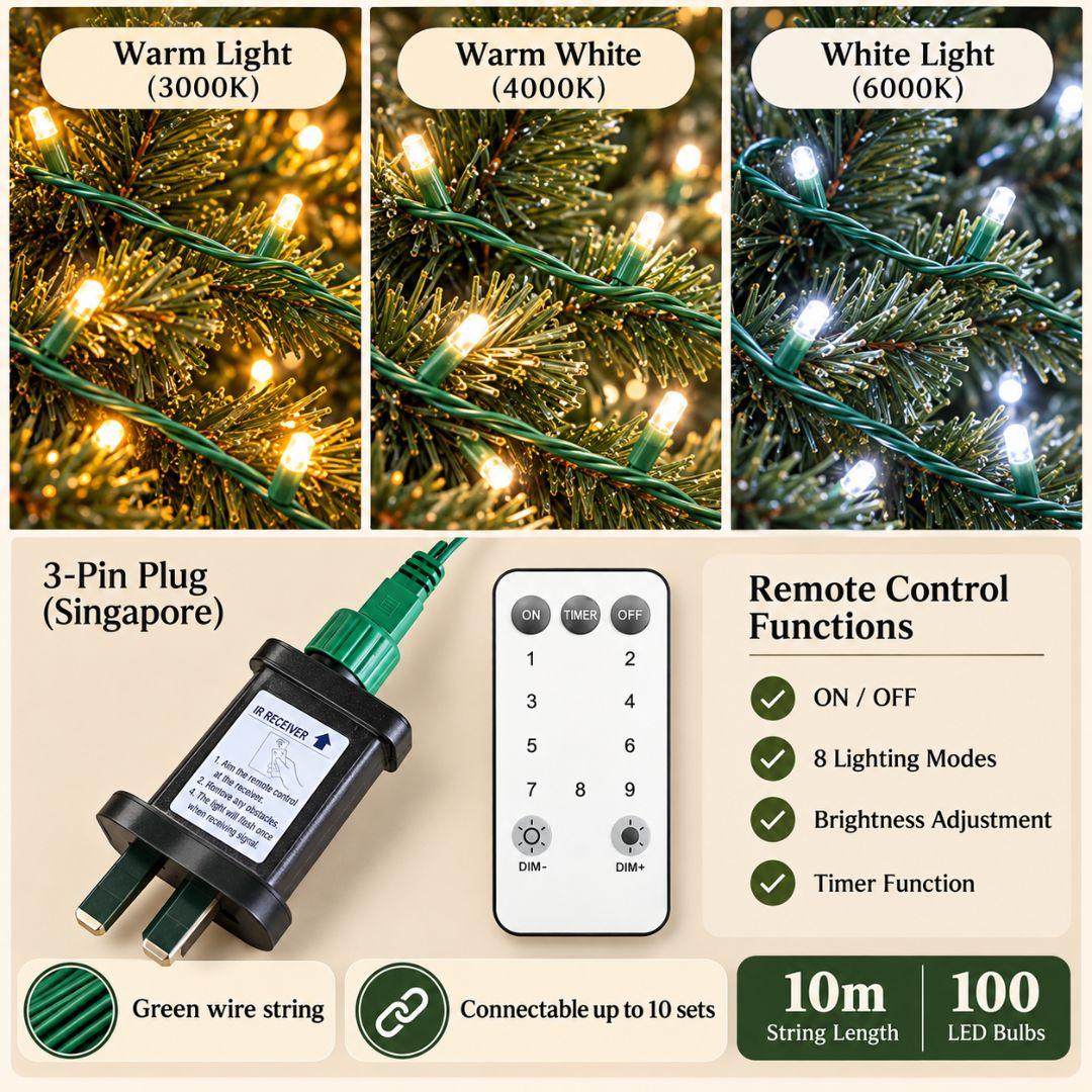 Connectable Christmas LED string lights with 100 bulbs, green wiring, UK 3-pin plug and remote control for Christmas tree decorations.