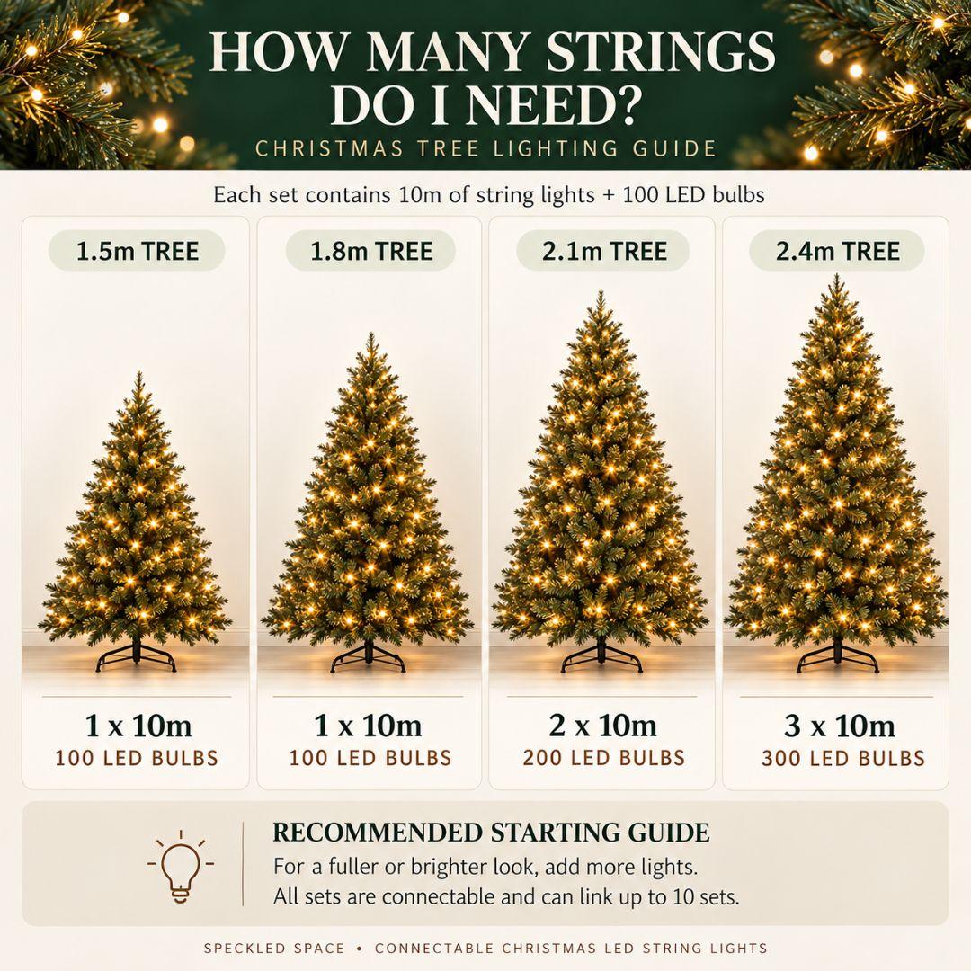Connectable Christmas LED string lights with 100 bulbs, green wiring, UK 3-pin plug and remote control for Christmas tree decorations.