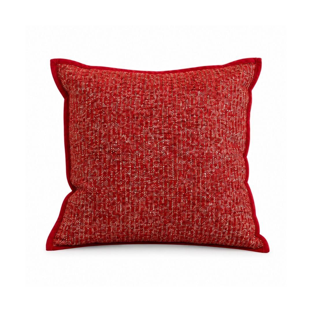 Enchanted Red Christmas cushion cover featuring rich red textured woven fabric and elegant piped edges.