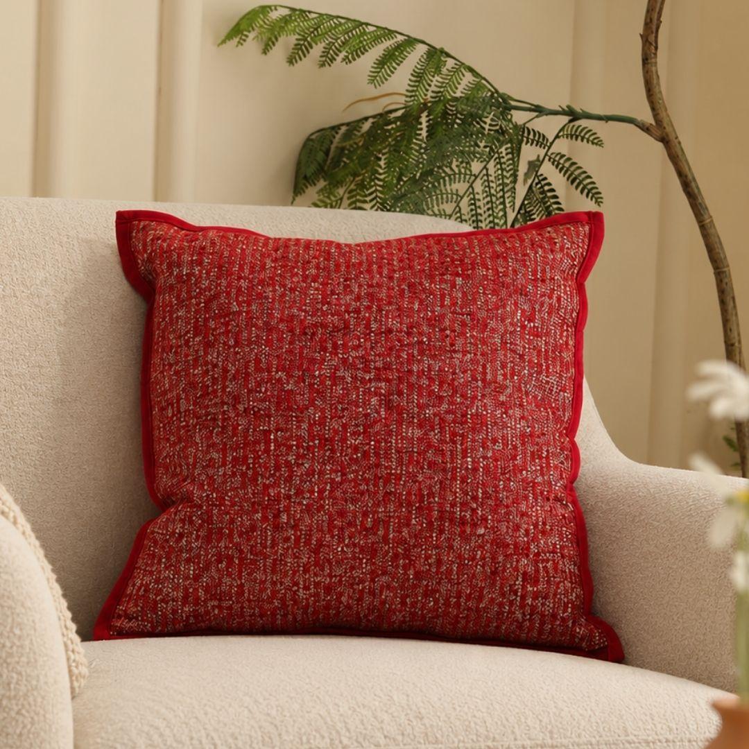 Enchanted Red Christmas cushion cover featuring rich red textured woven fabric and elegant piped edges.
