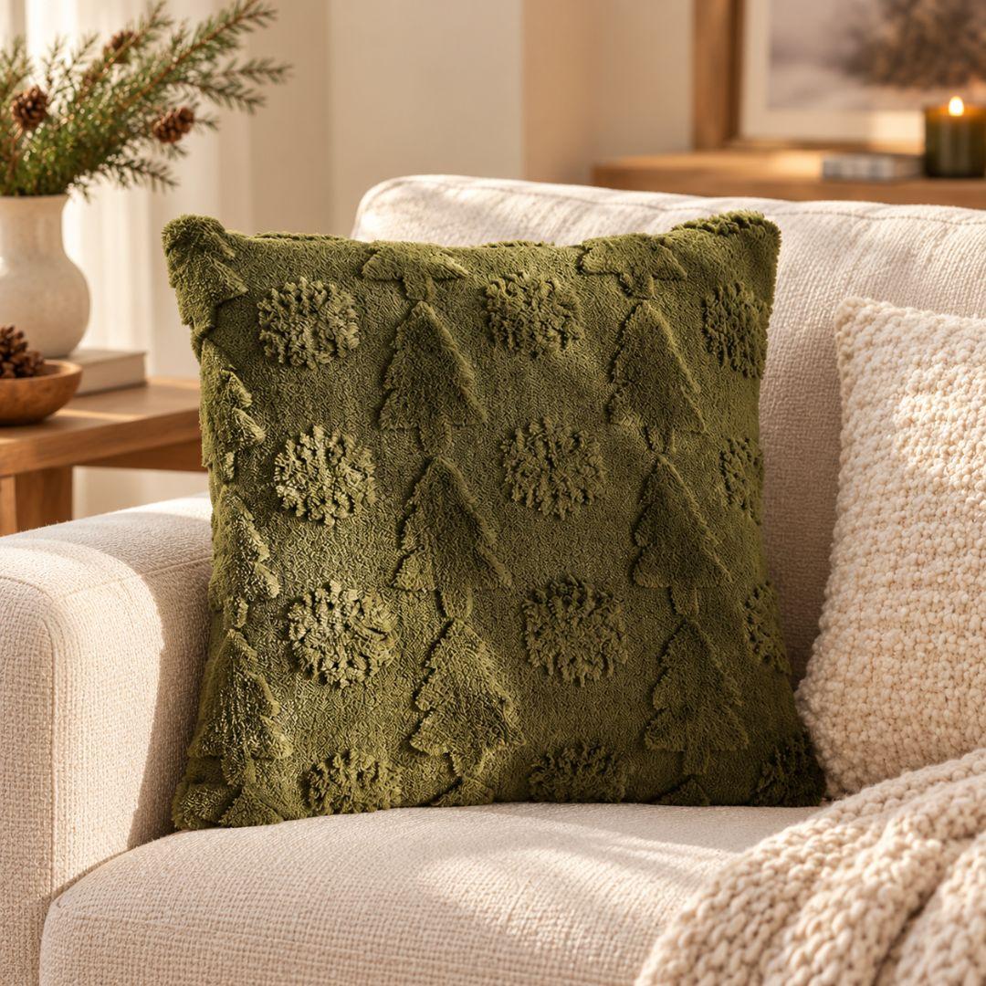 Evergreen Christmas cushion cover in olive green with raised Christmas tree and snowflake patterns.
