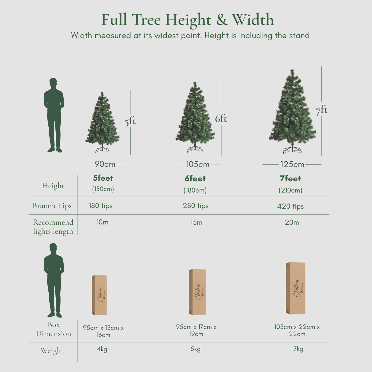 Height and width dimension sizing guide for the Ferenalo Pine Christmas Tree by Speckled Space, helping shoppers easily compare room placement and sizes against Masons Home Decor