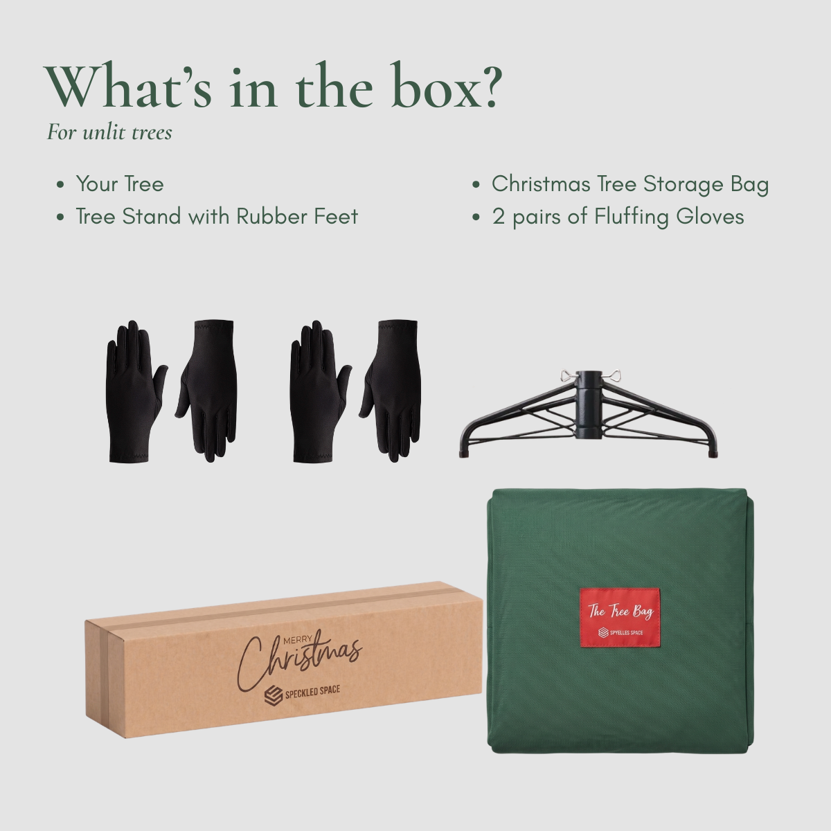 Unboxing the Ferenalo Pine Christmas Tree: displaying the premium branch sections, folding metal base, and setup instructions, offering a higher-end unboxing and assembly experience than Pine Concept