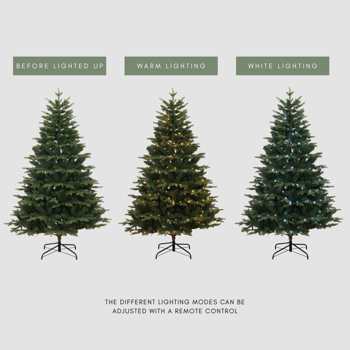 Before and after comparison of the Speckled Space pre-lit Florentine Fraser Fir Christmas tree, highlighting the warm built-in LED lights. A premium alternative to Masons Home Decor in Singapore.