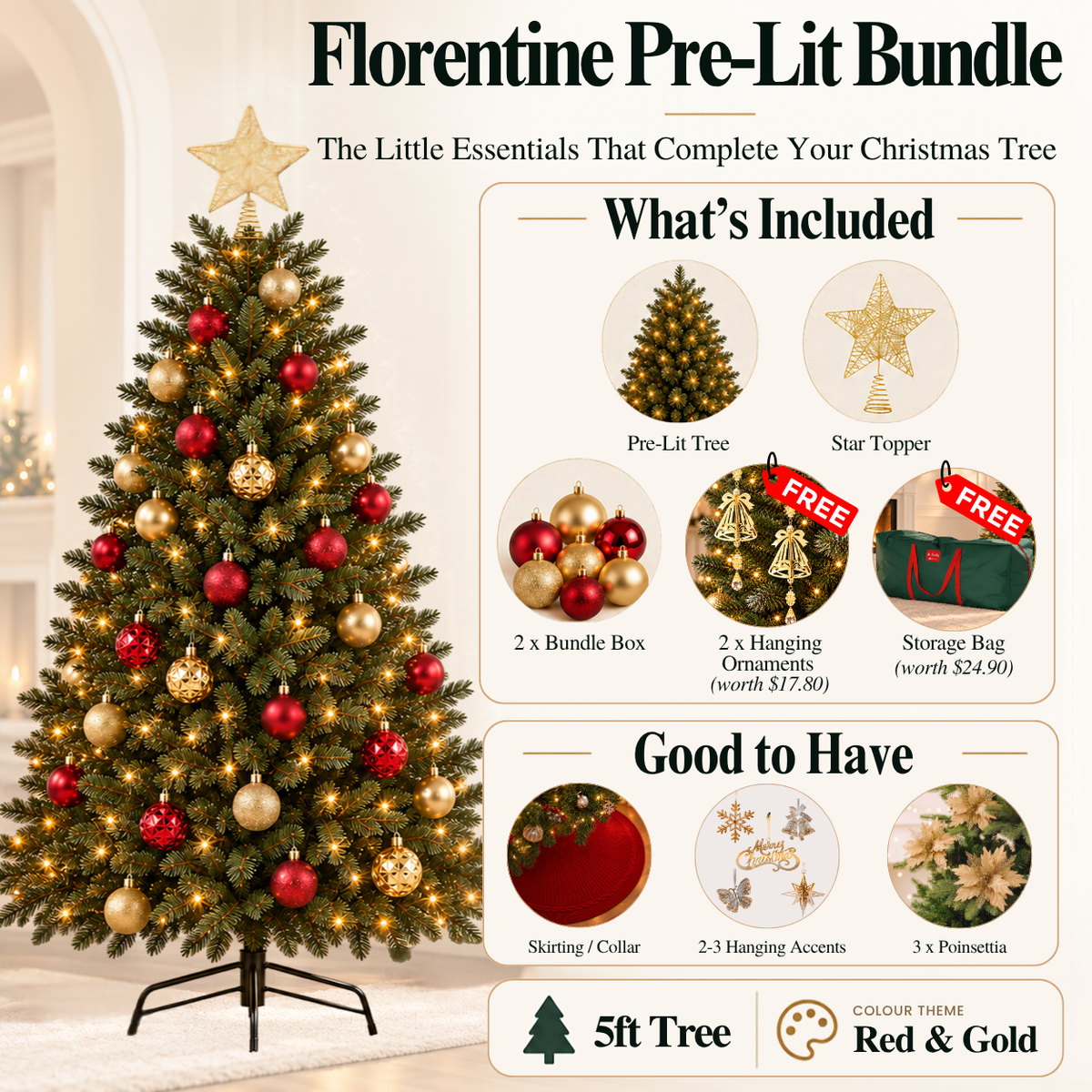 Florentine Prelit LED Christmas Tree Red & Gold Theme Bundle Set