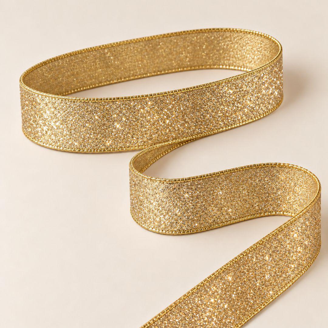 Gold glitter Christmas ribbon with shimmering finish and wired edges, 5.5cm wide and 10m long, ideal for Christmas tree bows, wreaths, garlands and festive decorations.
