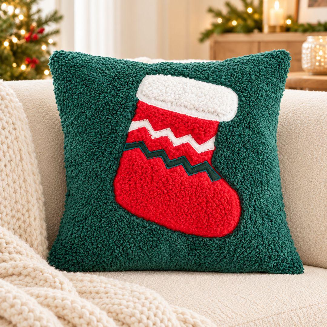 Green Christmas cushion cover with red Christmas stocking design