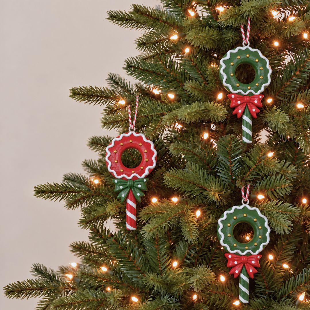 Little Joy red and green candy wreath lollipop resin Christmas ornaments with striped handles and festive bows hanging on a warm-lit Christmas tree.