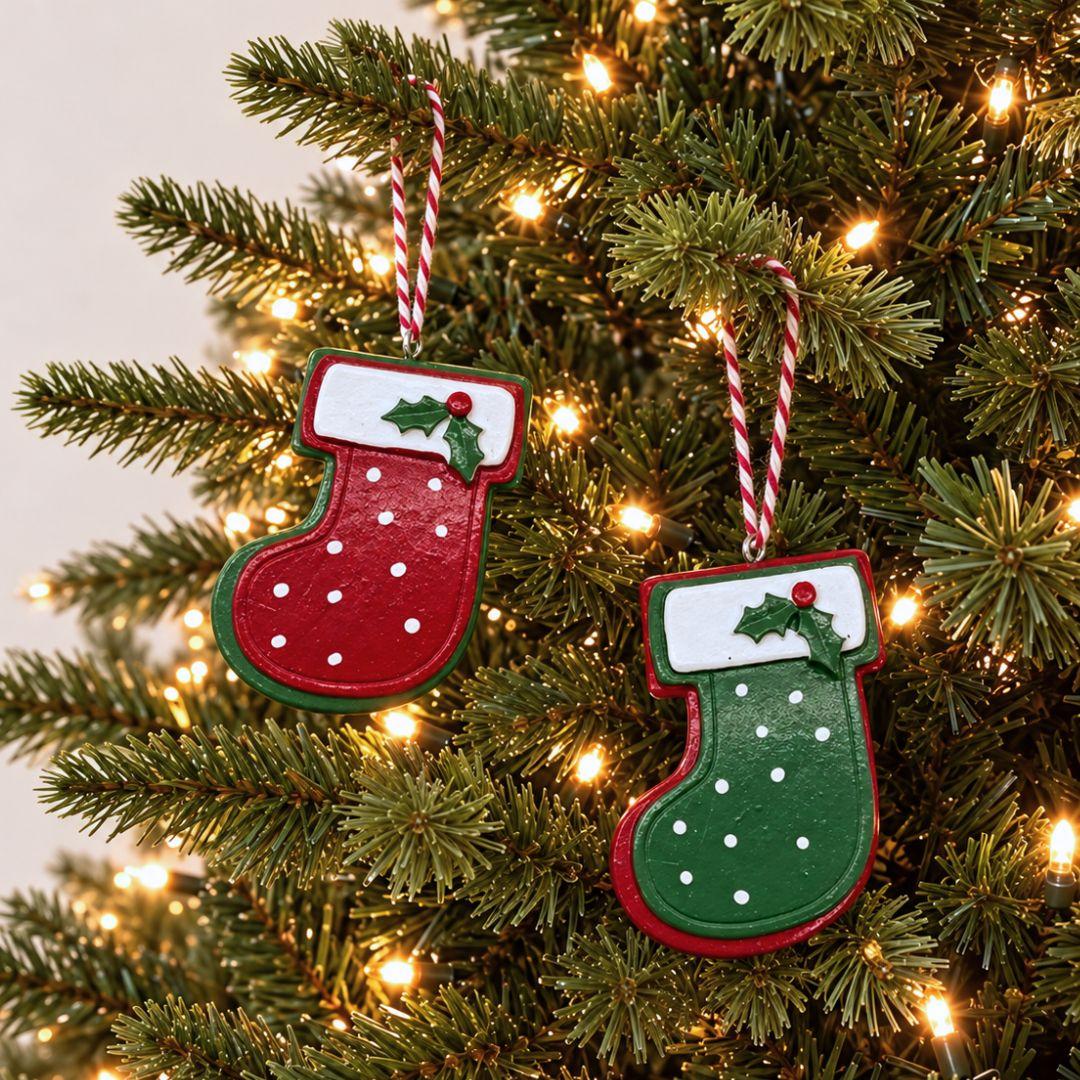 Little Joy red and green miniature Christmas stocking resin ornaments with white polka dots, snowy cuffs and holly accents hanging on a Christmas tree.