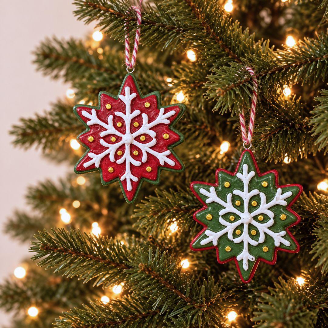 Little Joy red and green resin snowflake Christmas ornaments featuring raised white icing-inspired patterns on an artificial Christmas tree.
