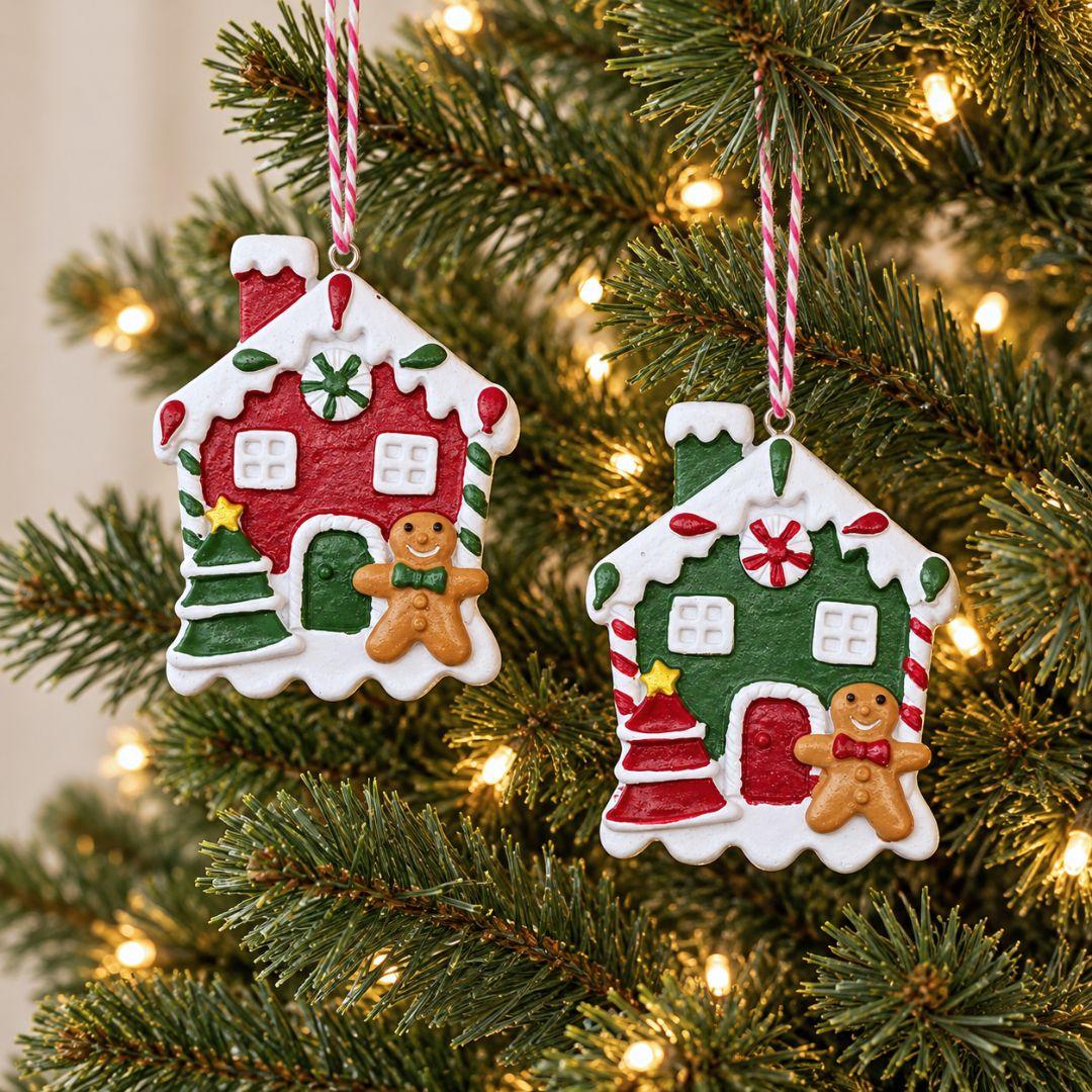 Little Joy red and green gingerbread house resin Christmas ornaments featuring snowy rooftops, candy cane details and miniature gingerbread characters on a Christmas tree.