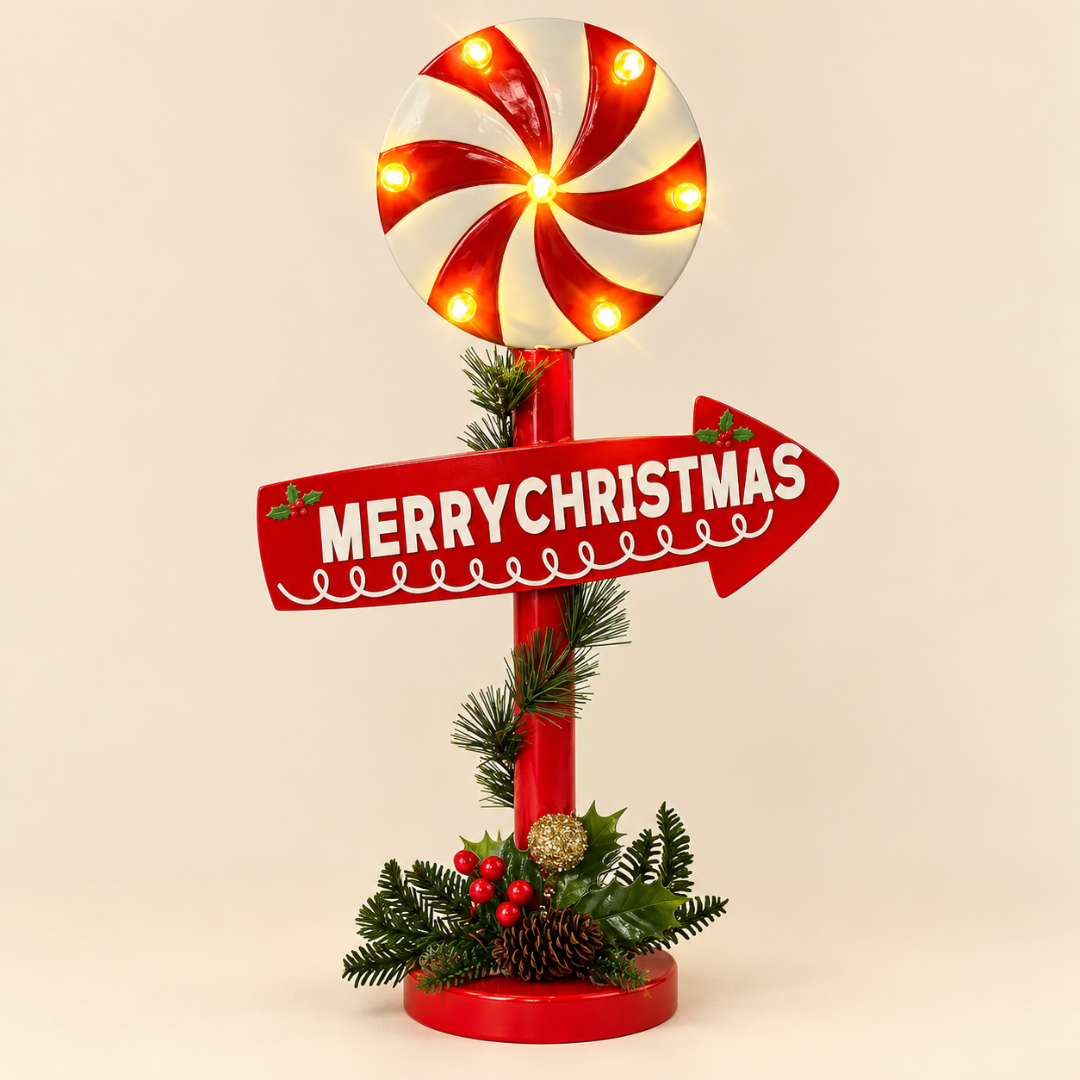 Lolli Display LED Christmas Light Stand with glowing red and white peppermint swirl, Merry Christmas sign and festive greenery on beige background