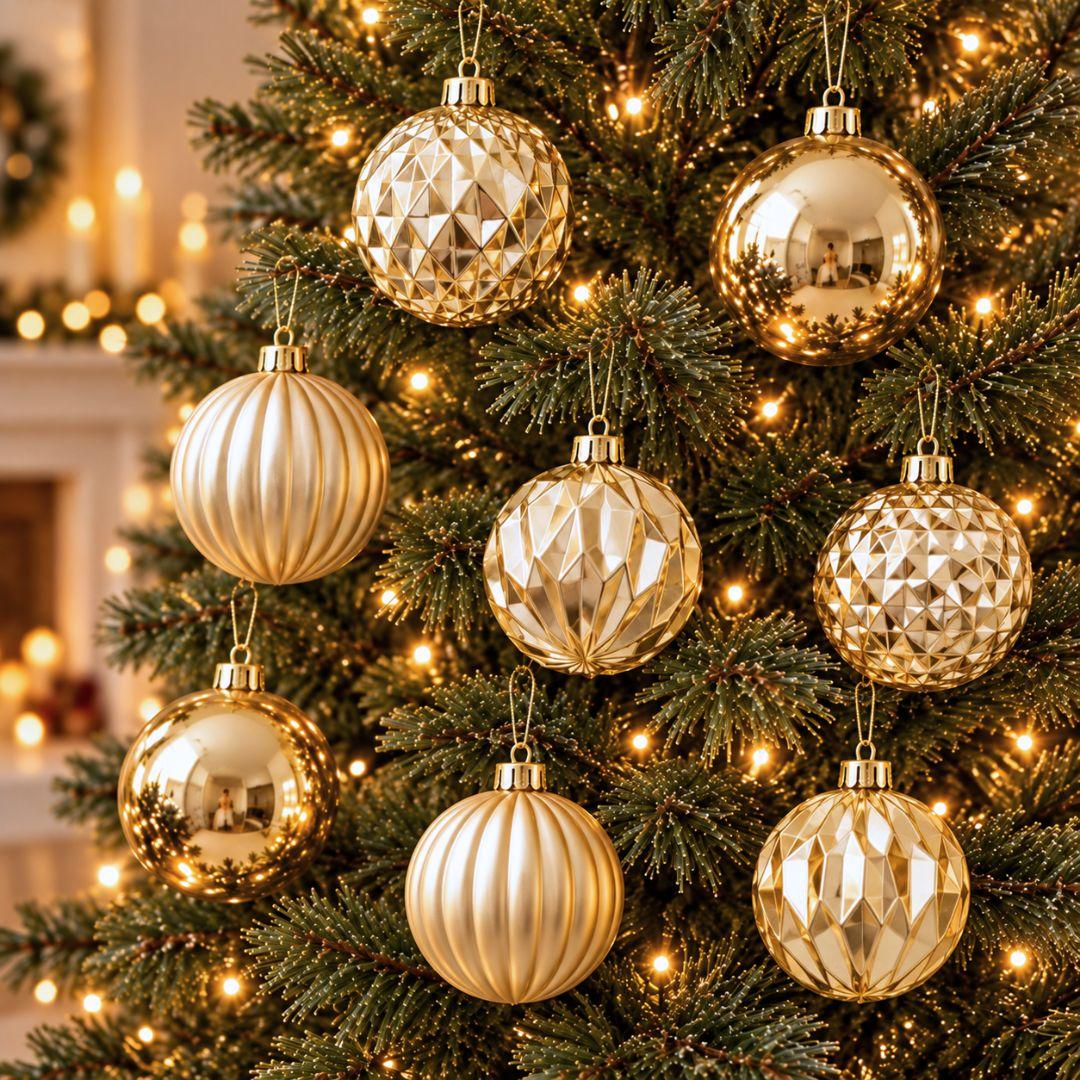 D94 champagne gold Christmas baubles 8cm, set of 12 featuring four assorted reflective, satin ribbed and geometric designs on a light grey background.