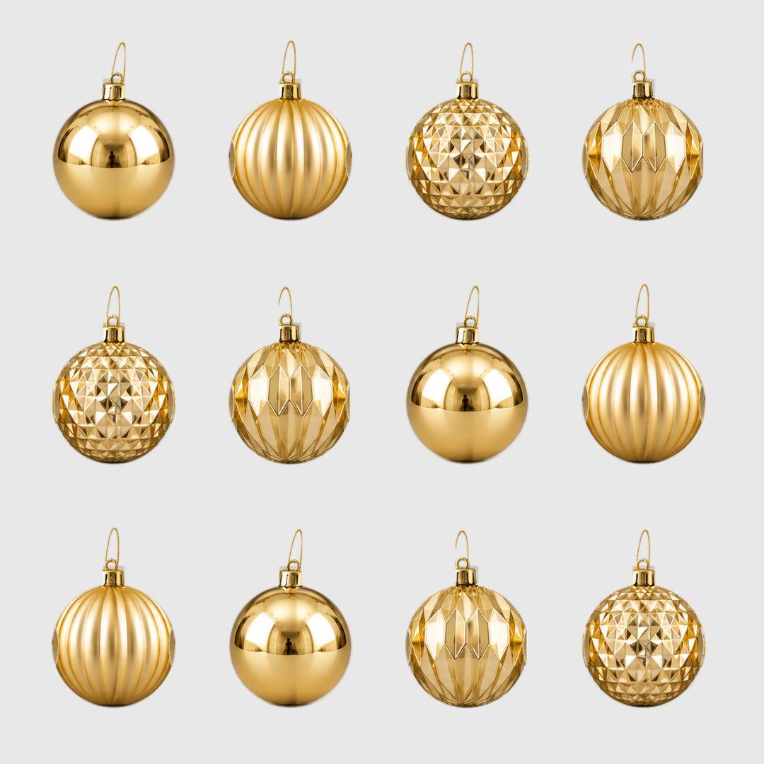 D91 gold Christmas baubles 8cm, set of 12 featuring four assorted glossy, satin ribbed and geometric designs on a light grey background.