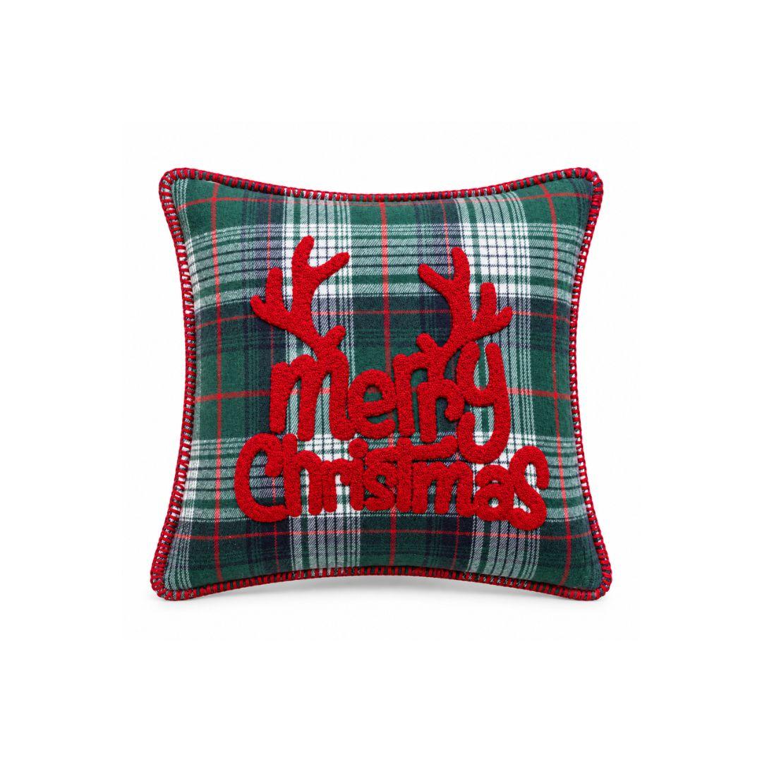 Green plaid Christmas cushion cover with raised red Merry Christmas lettering, reindeer antlers and stitched edging.