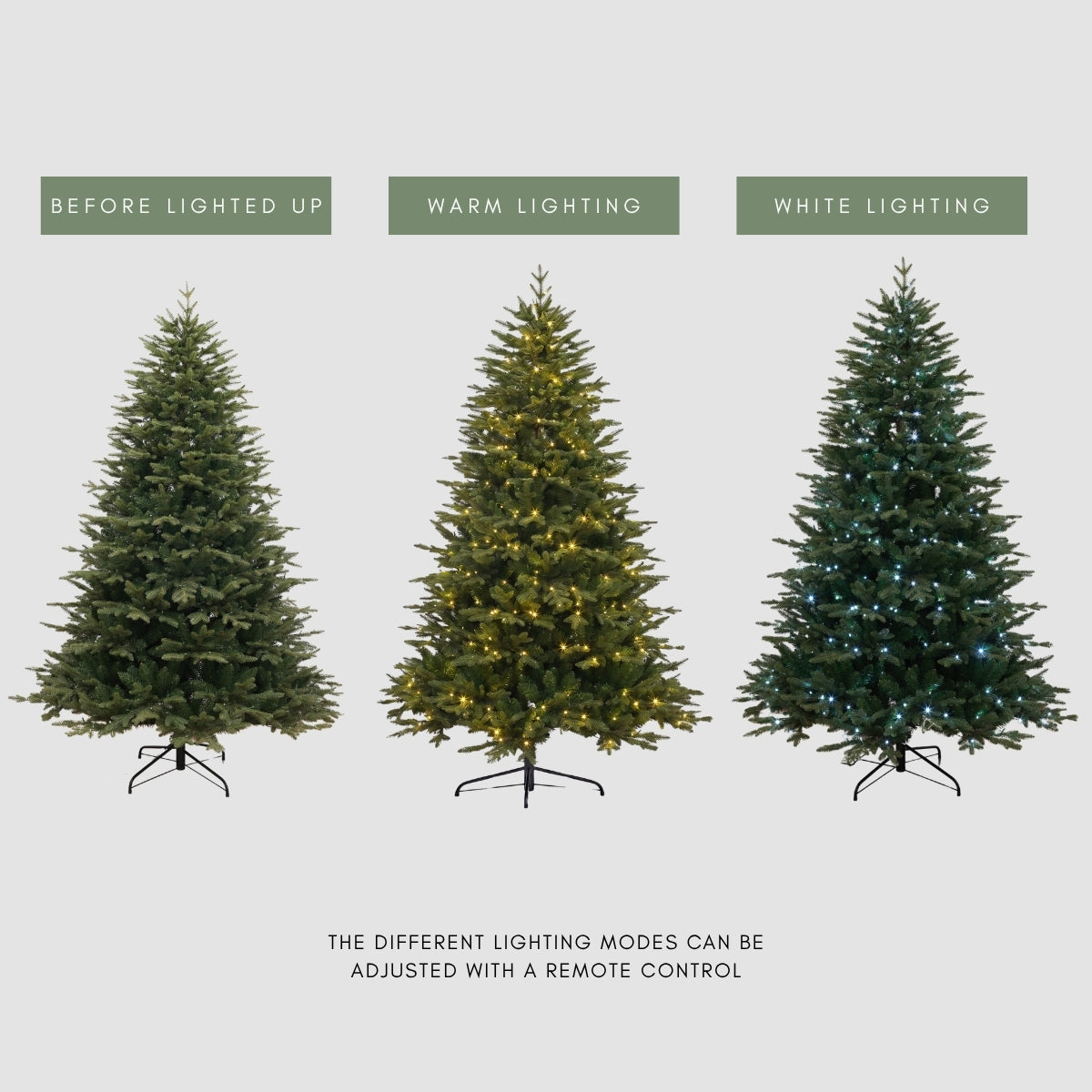 A close-up photograph of the realistic branch tips of the Natale Fraser Fir, featuring soft, integrated LED lights that make setup effortless and provide a rival look to Mason's Home Decor's top models.