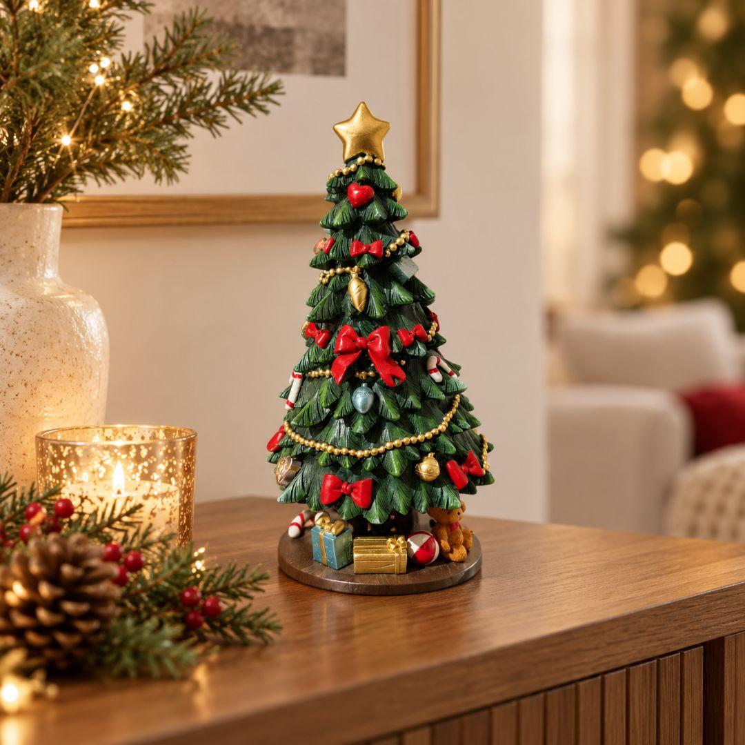 Noelle Christmas tree musical box figurine with gold star topper, red bows, gold garlands and miniature gifts on beige background