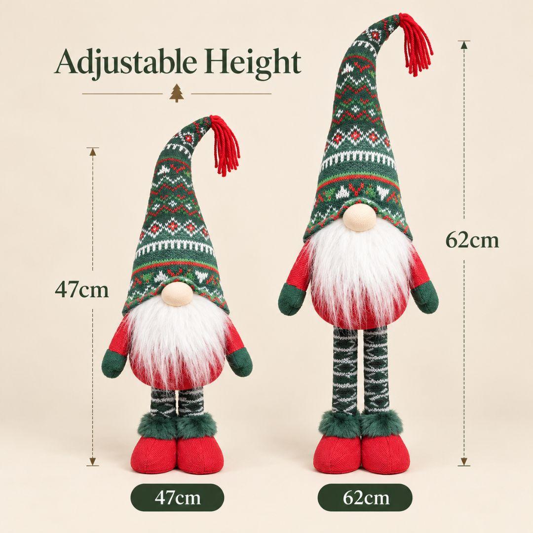 Adjustable standing Christmas gnome with green Nordic knitted hat, red tassel and fluffy white beard, height 47cm to 62cm
