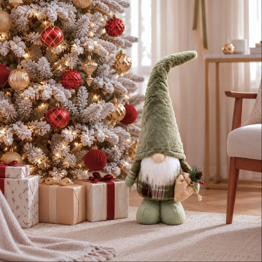 Oliver Woodland Standing Christmas Gnome 66cm with sage-green plush hat, white beard, plaid outfit and decorative gift sack on cream beige background