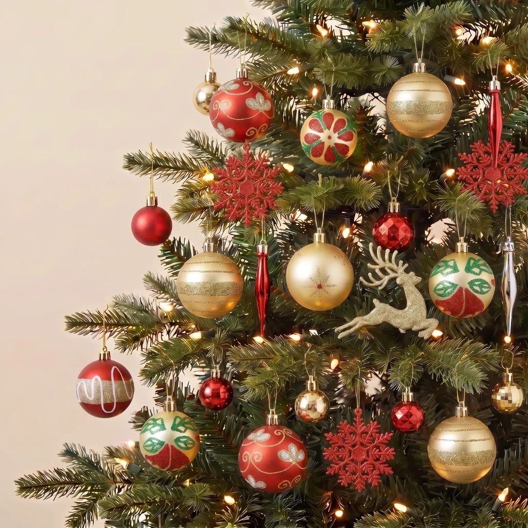 Red Gold Christmas Tree Baubles - 45pcs (D9) shatterproof ornament set styled on Christmas tree - Singapore homes