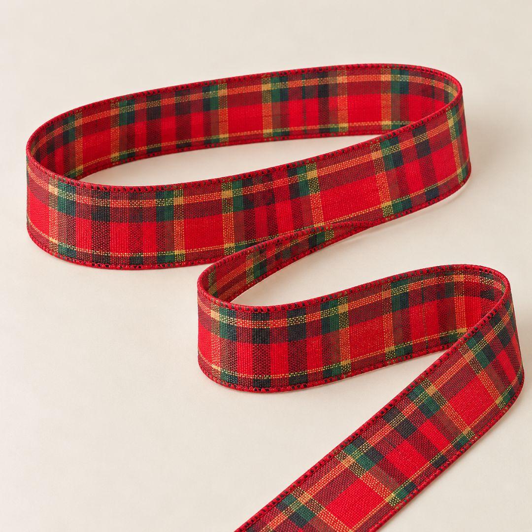 Red and green plaid Christmas ribbon with subtle gold glitter accents, 5.5cm wide and 10m long, ideal for Christmas tree bows, wreaths and festive decorations.