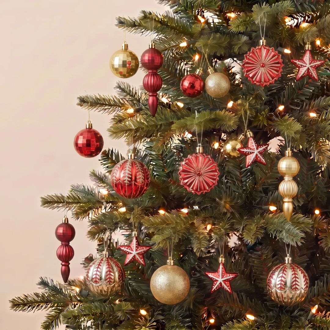 A boxed set of 52pcs red and gold plastic Christmas baubles featuring traditional glossy and glitter finishes.