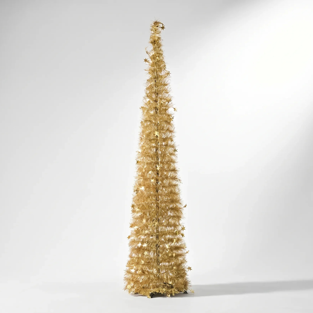 Reinox Gold Tinsel Collapsible Christmas Tree by Speckled Space, featuring a vibrant, space-saving pop-up design that offers a striking, modern alternative to traditional green trees from Masons Home Decor