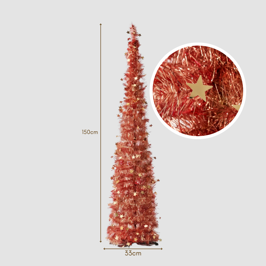 Height and base width sizing guide for the slim 150cm Reinox Red Tinsel Collapsible Christmas Tree, ideal for narrow corners, apartments, and retail displays, offering a much smaller footprint than bulky Vanda Win models