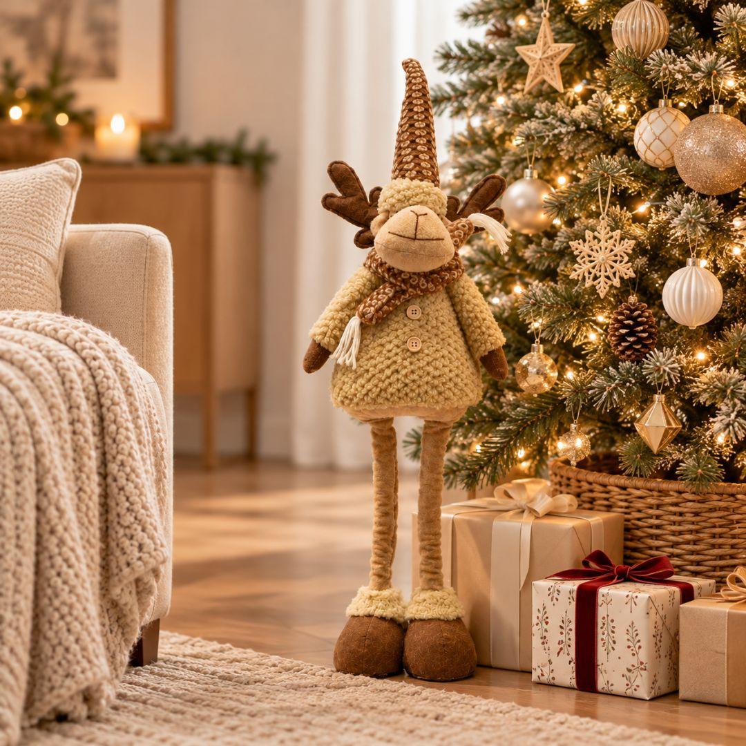 Rowan Nordic adjustable standing Christmas reindeer with tall brown knitted hat, cream textured outfit, antlers and brown plush boots on a cream background