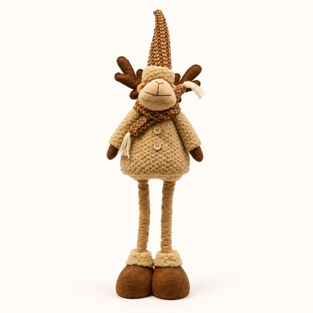 Rowan Nordic adjustable standing Christmas reindeer with tall brown knitted hat, cream textured outfit, antlers and brown plush boots on a cream background