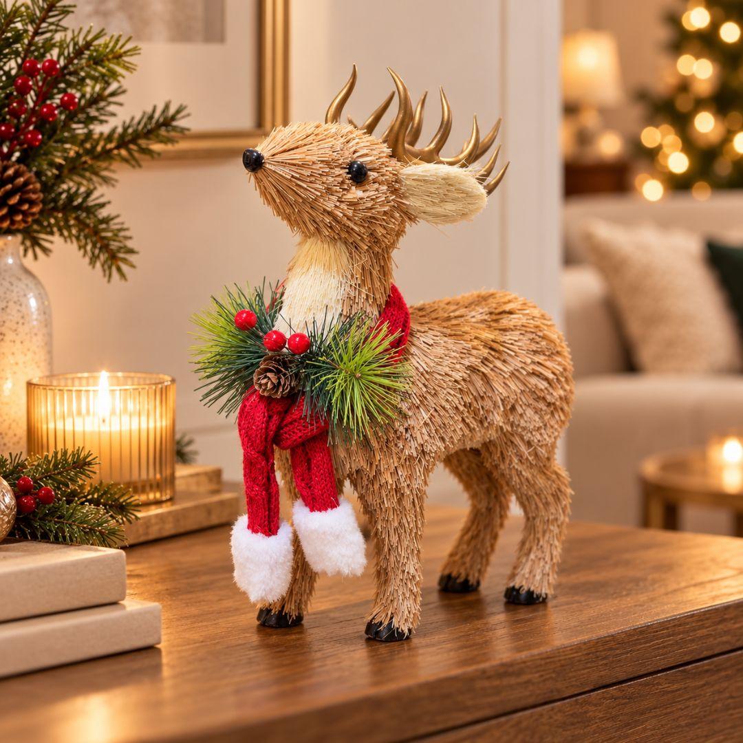 Rustic Christmas reindeer decoration with natural straw-like texture, gold antlers, red knitted scarf, pinecones and berries on a wooden console table.