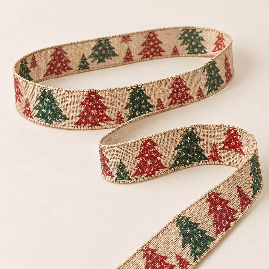 Rustic burlap-style Christmas ribbon featuring red and green Christmas tree prints on natural beige fabric, 5.5cm wide and 10m long.