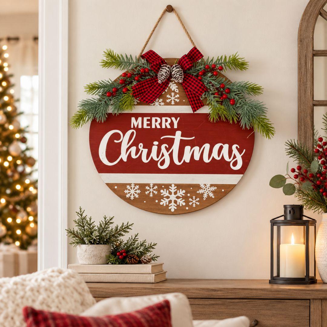 30cm Rustic Plaid Merry Christmas wooden wreath with red and natural wood panels, white snowflakes, plaid bow and festive greenery on beige background