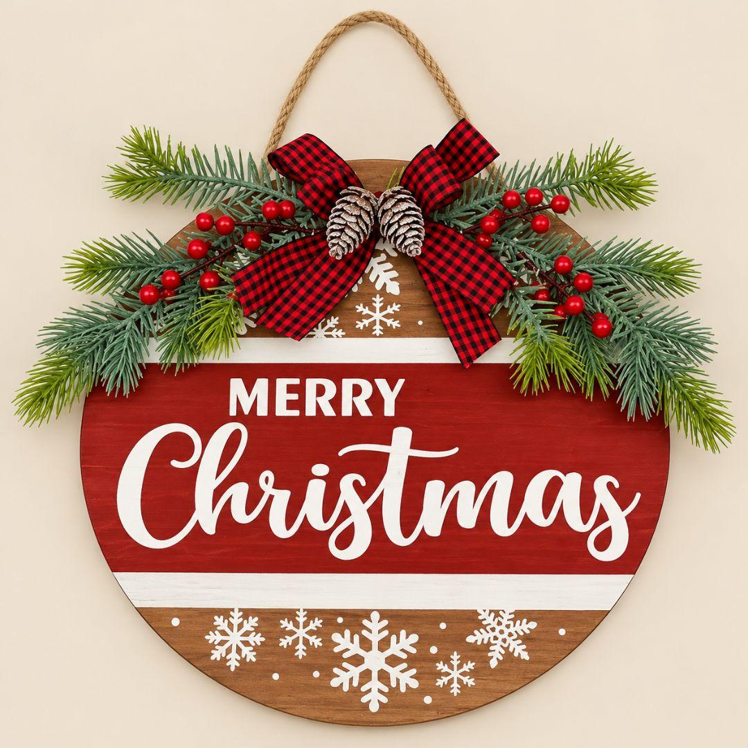 30cm Rustic Plaid Merry Christmas wooden wreath with red and natural wood panels, white snowflakes, plaid bow and festive greenery on beige background